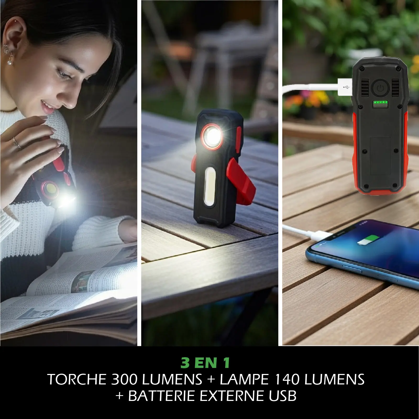 Lampe Torche LED Multifonctions Rechargeable USB - Batterie Externe Smartphone - 300lm & 140lm - Aimant pour fixation – Image 2