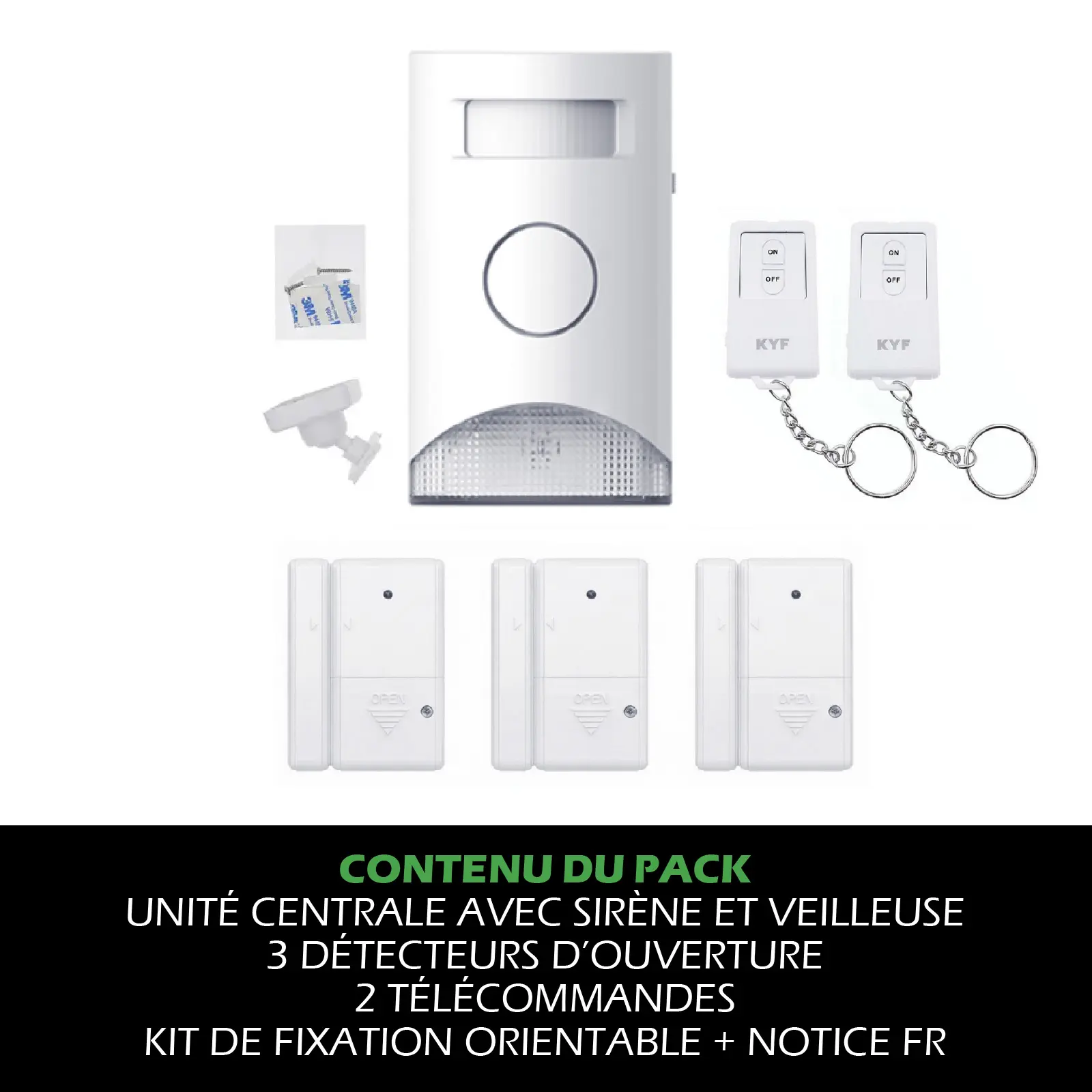Kit Alarme autonome à détection de mouvement. Eclairage d’alerte intégré. Détecteur d’ouverture (x3) et télécommande (x2) – Image 7