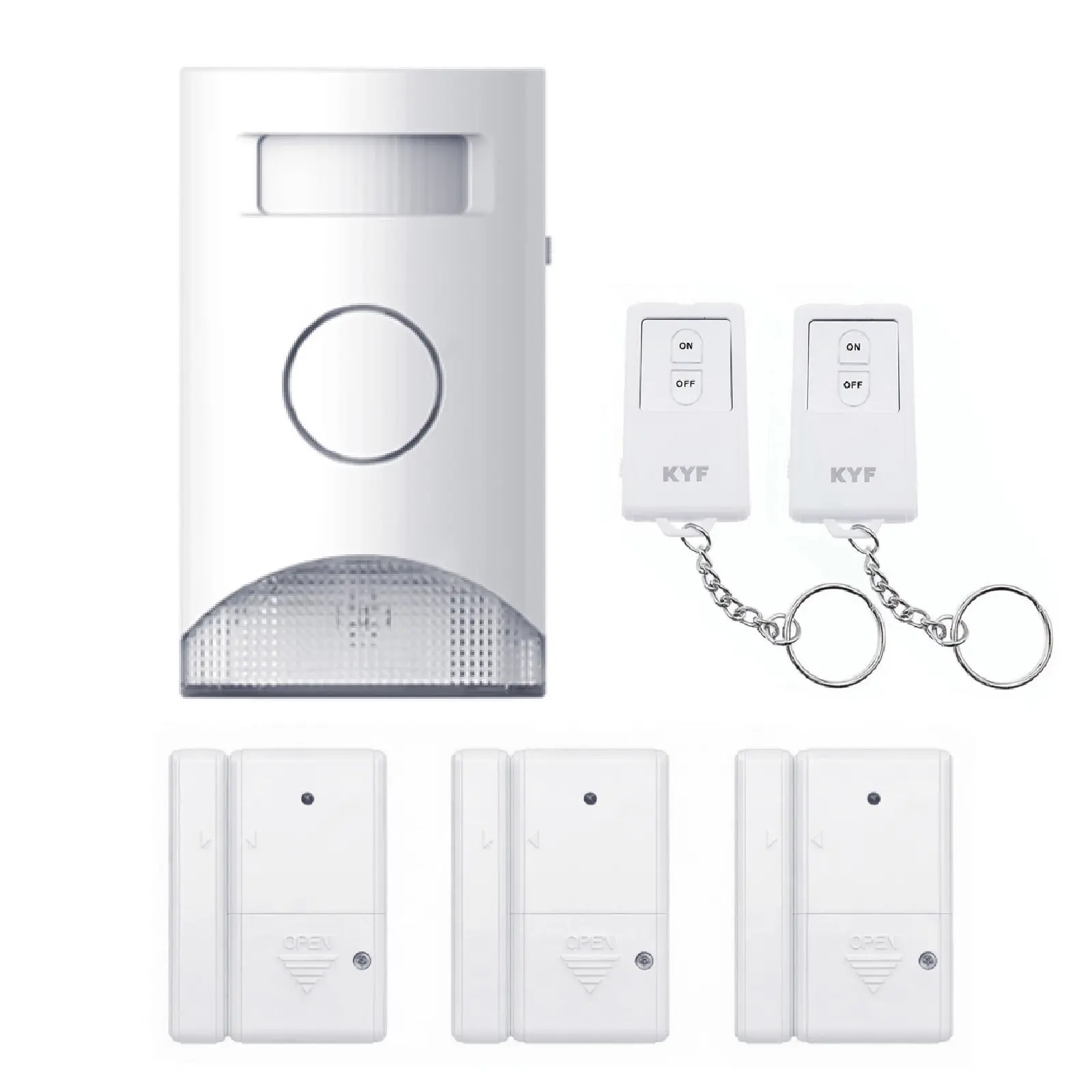 Kit Alarme autonome à détection de mouvement. Eclairage d’alerte intégré. Détecteur d’ouverture (x3) et télécommande (x2)