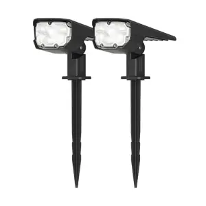 Lot de deux projecteurs paysagistes solaires extérieurs, haute luminosité murale et sur piquet blanc.