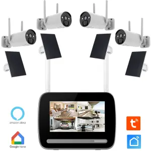 Kit système de surveillance avec un enregistreur, 4 caméras et 4 panneaux solaires.
