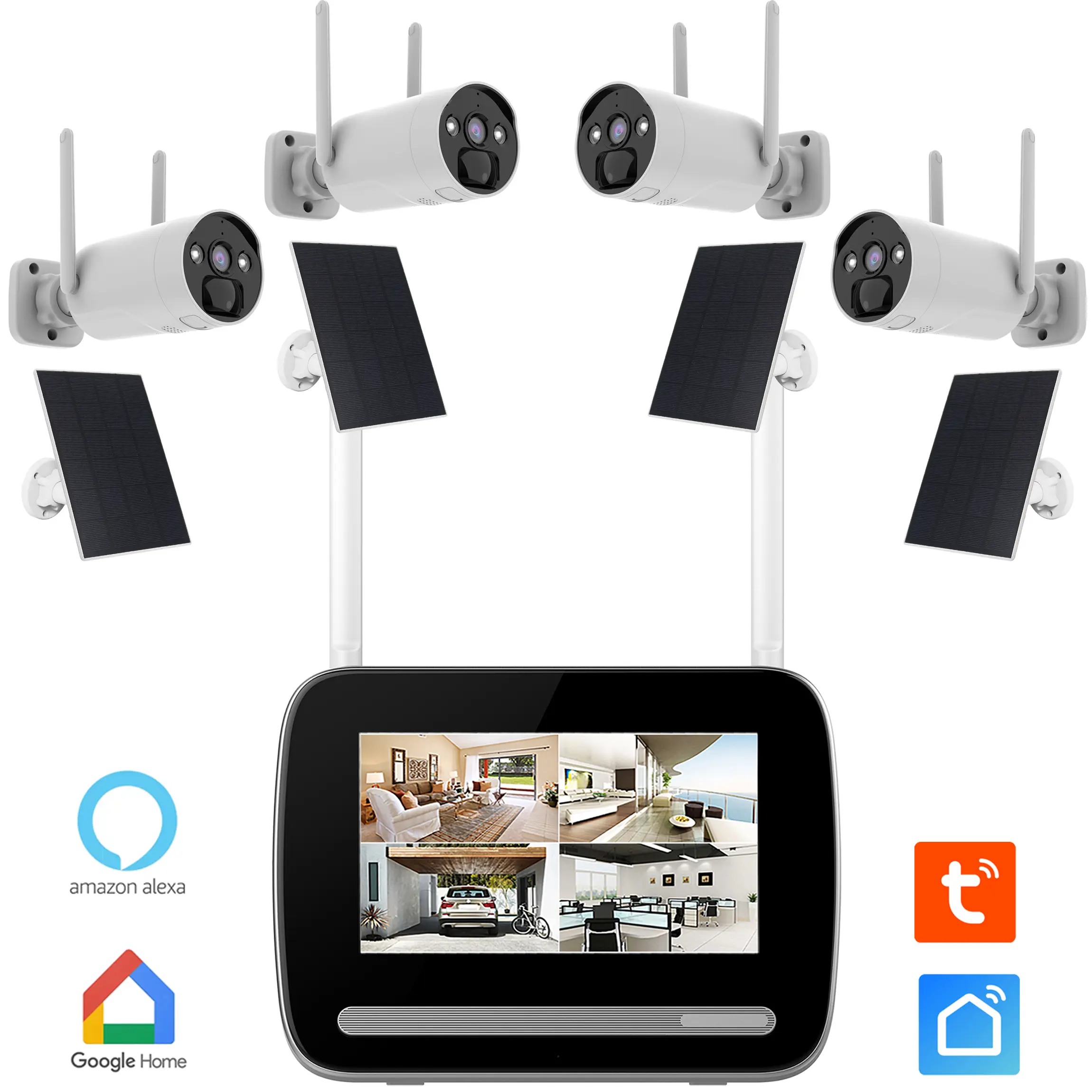 Kit système de surveillance avec un enregistreur, 4 caméras et 4 panneaux solaires.