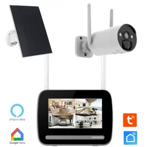 Kit système de surveillance avec un enregistreur, une caméra et un panneau solaire.