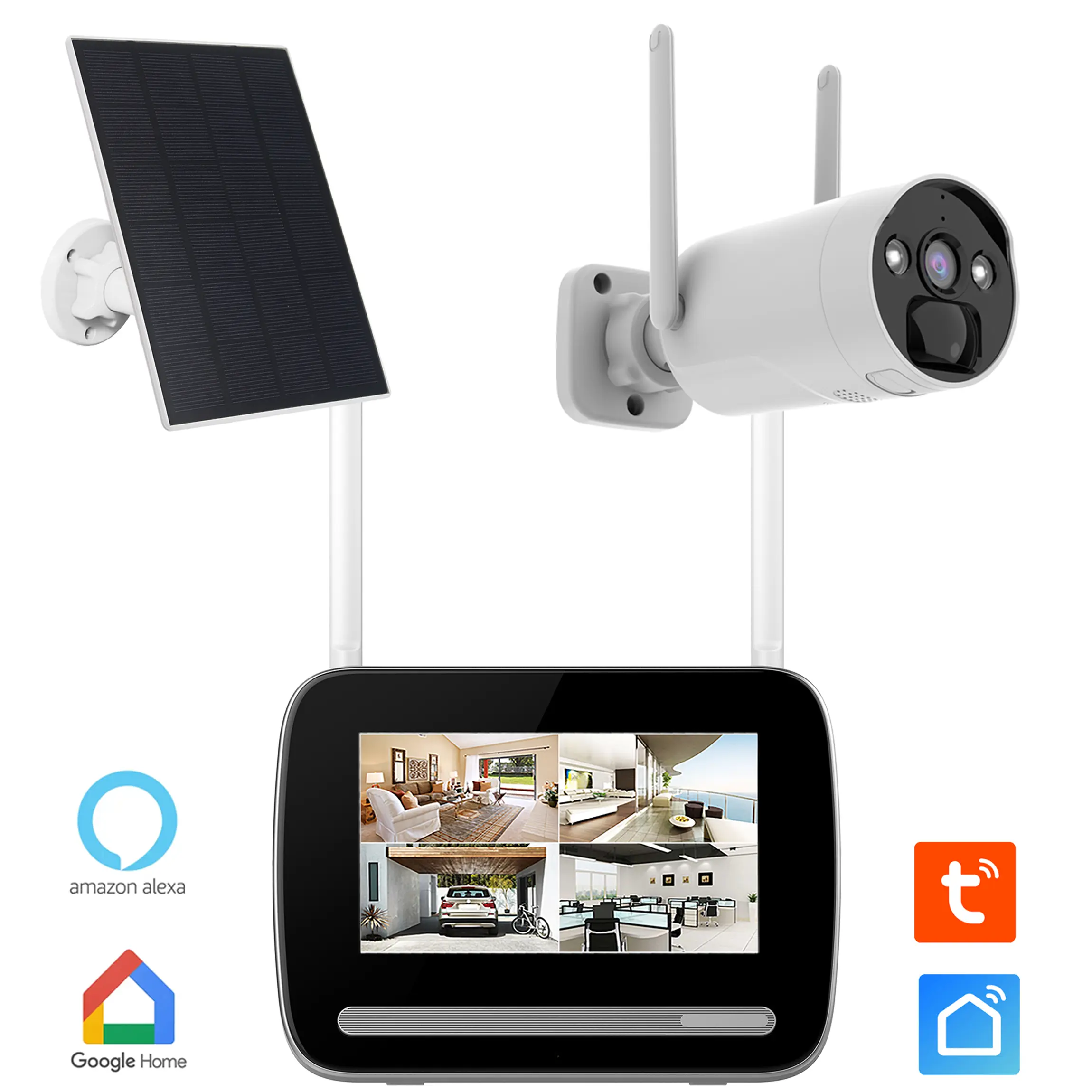 Kit système de surveillance avec un enregistreur, une caméra et un panneau solaire.