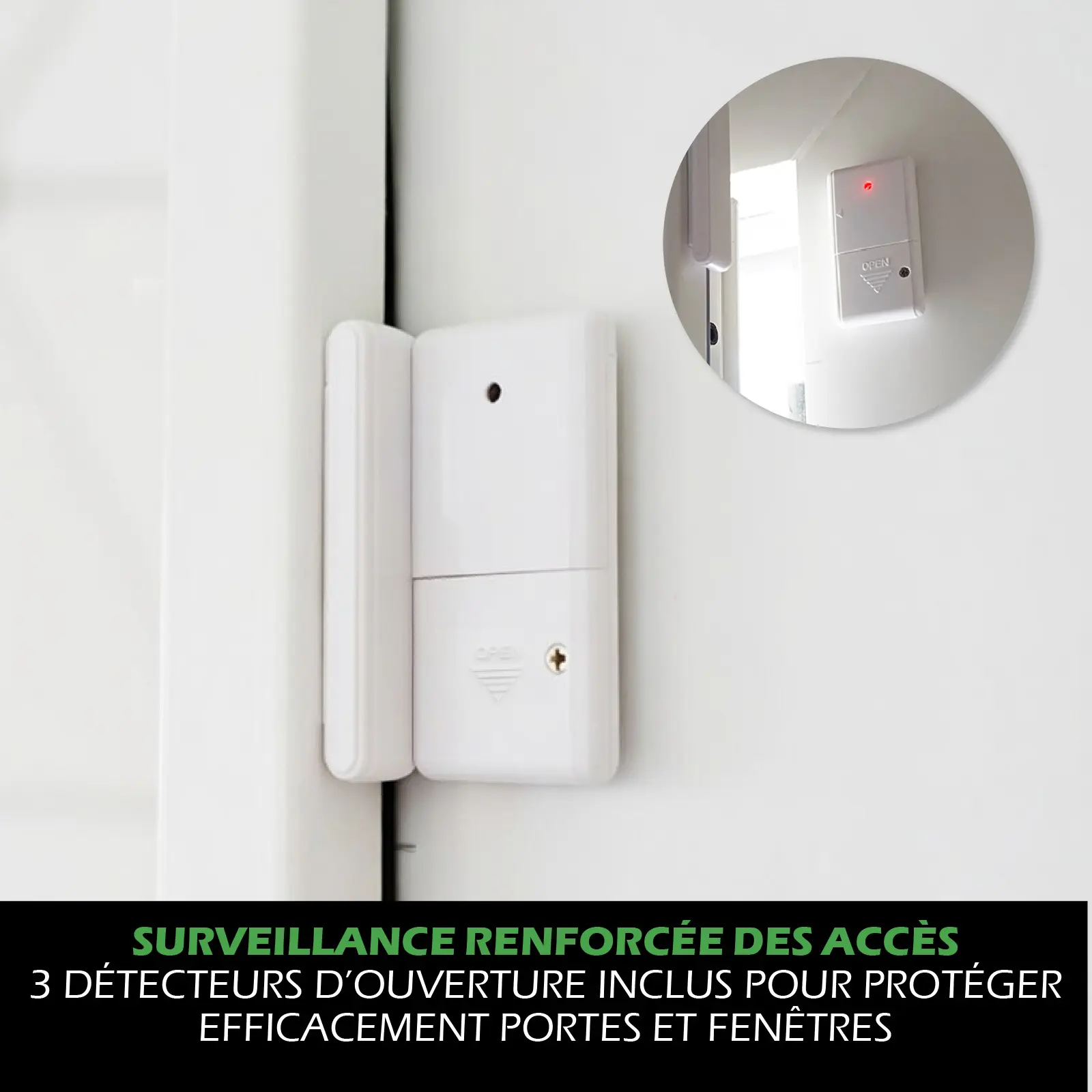 Kit Alarme autonome à détection de mouvement. Eclairage d’alerte intégré. Détecteur d’ouverture (x6) et télécommande (x2) – Image 4