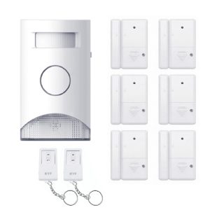 Kit Alarme autonome à détection de mouvement. Eclairage d’alerte intégré. Détecteur d’ouverture (x6) et télécommande (x2)