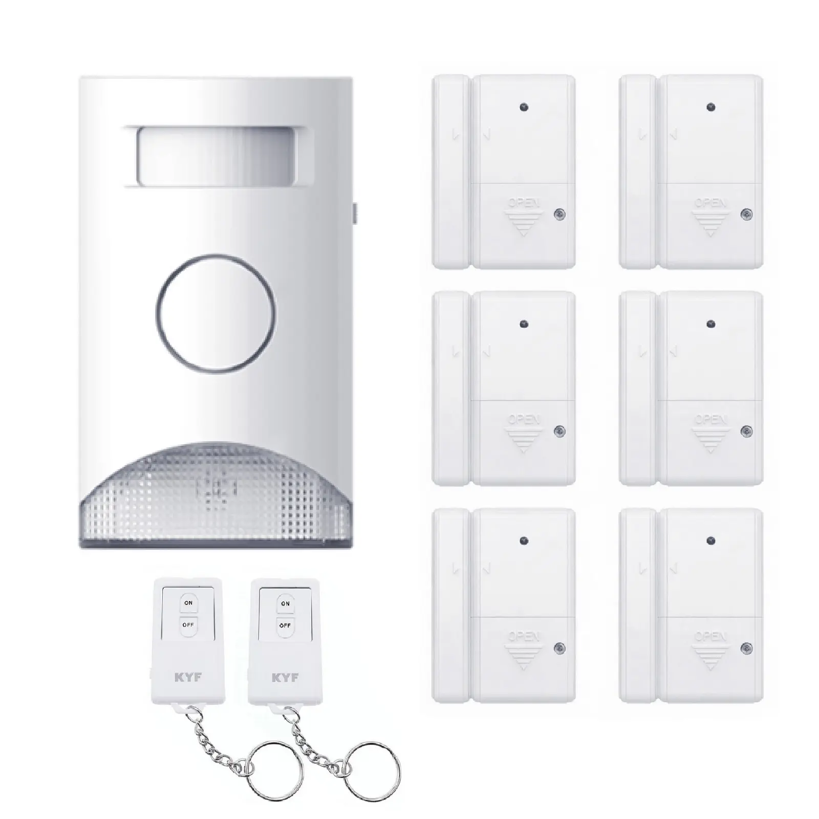 Kit Alarme autonome à détection de mouvement. Eclairage d’alerte intégré. Détecteur d’ouverture (x6) et télécommande (x2)