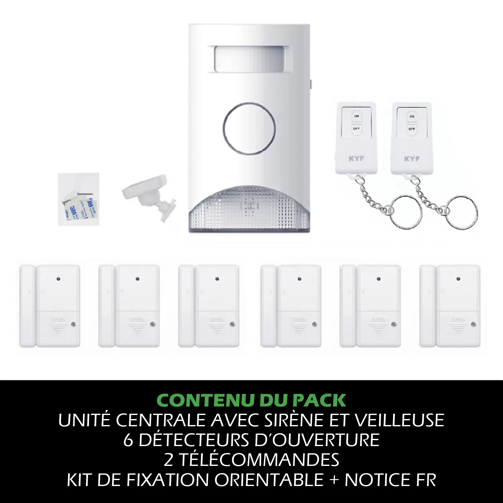 Kit Alarme autonome à détection de mouvement. Eclairage d’alerte intégré. Détecteur d’ouverture (x6) et télécommande (x2) – Image 7