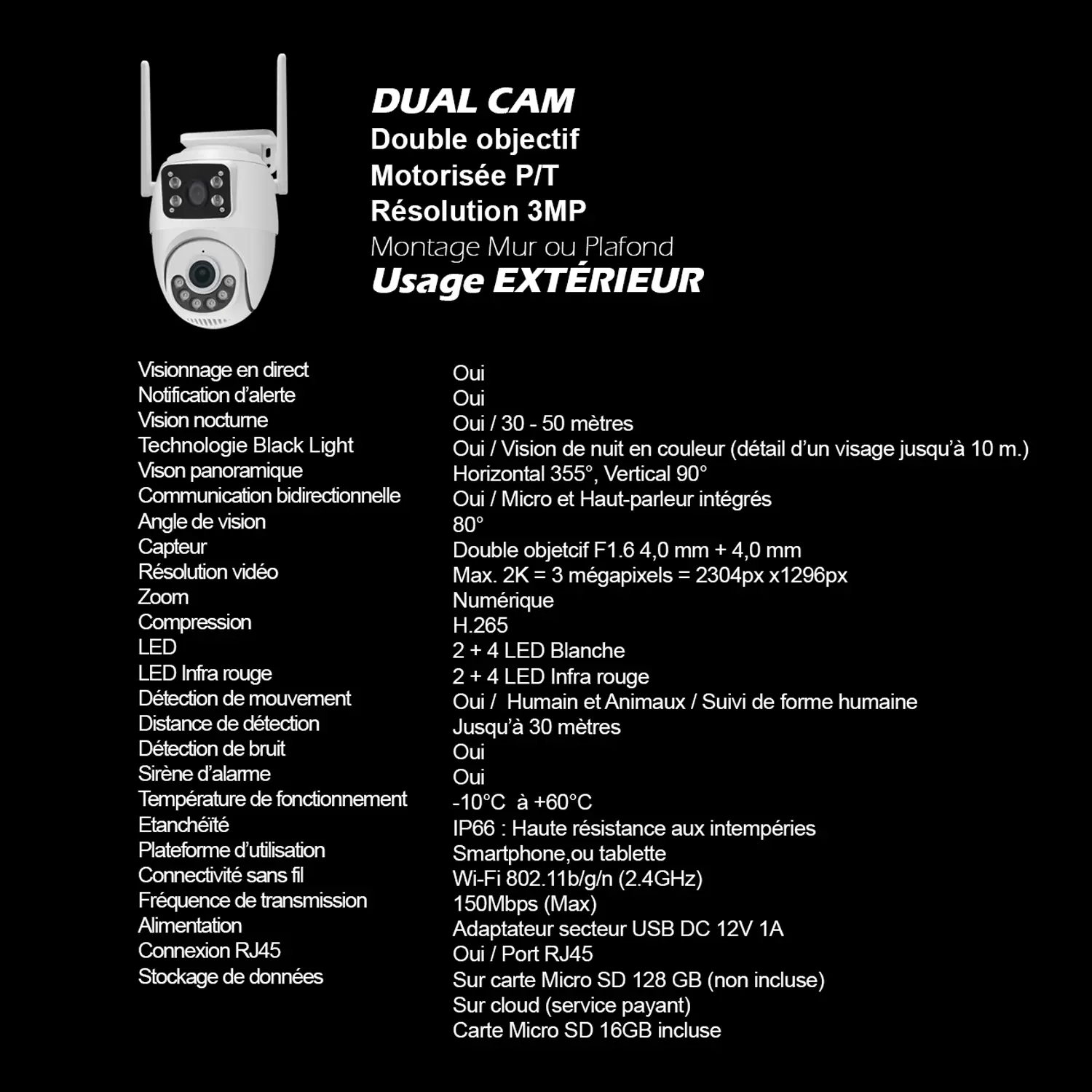 Double Caméra IP - Extérieure Rotative PT motorisée  3MP+3MP WIFI 2,4Ghz – Image 11