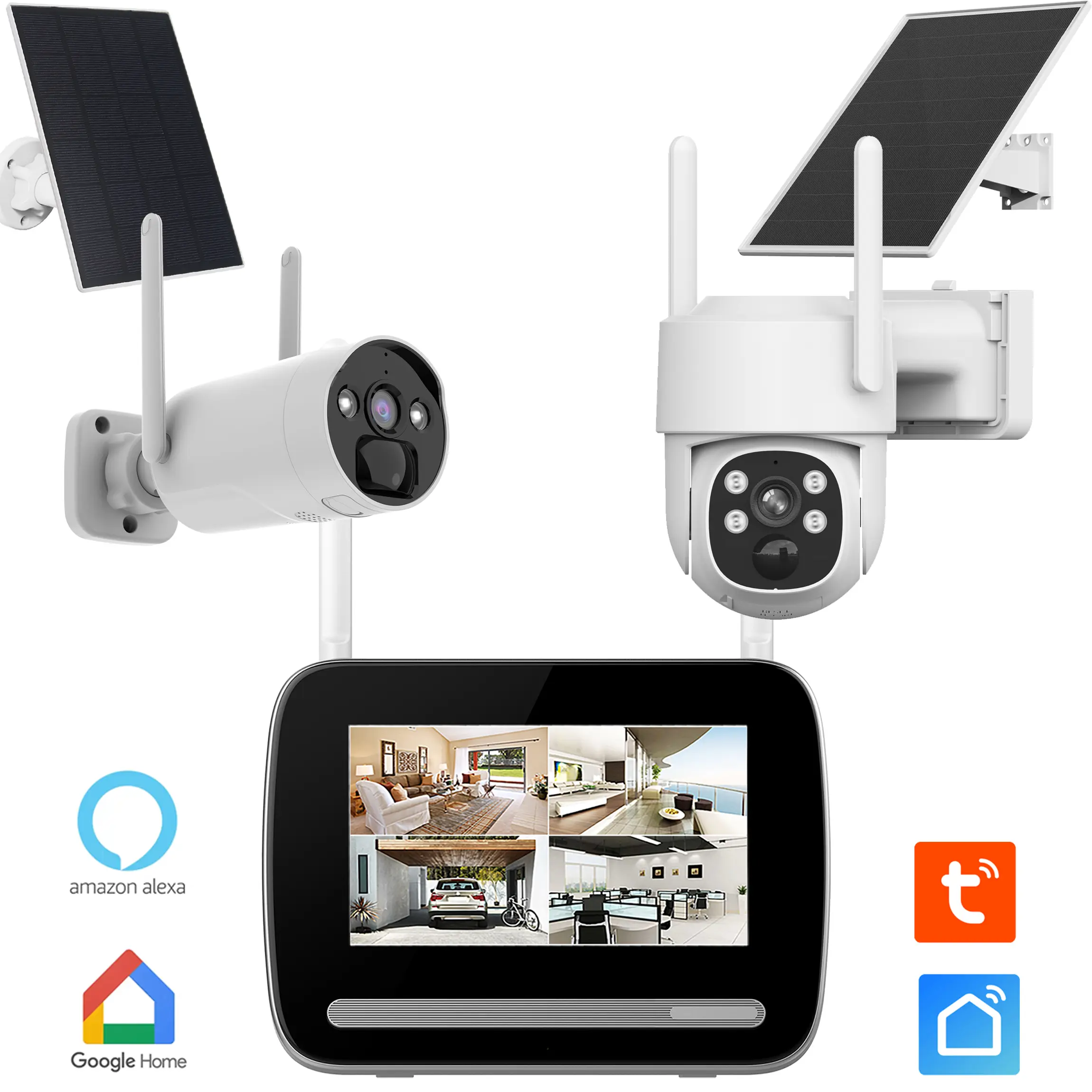 Kit système de surveillance avec enregistreur, deux caméras rechargeables et deux panneaux solaires.