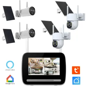 Kit système de surveillance avec enregistreur, quatre caméras rechargeables et quatre panneaux solaires.