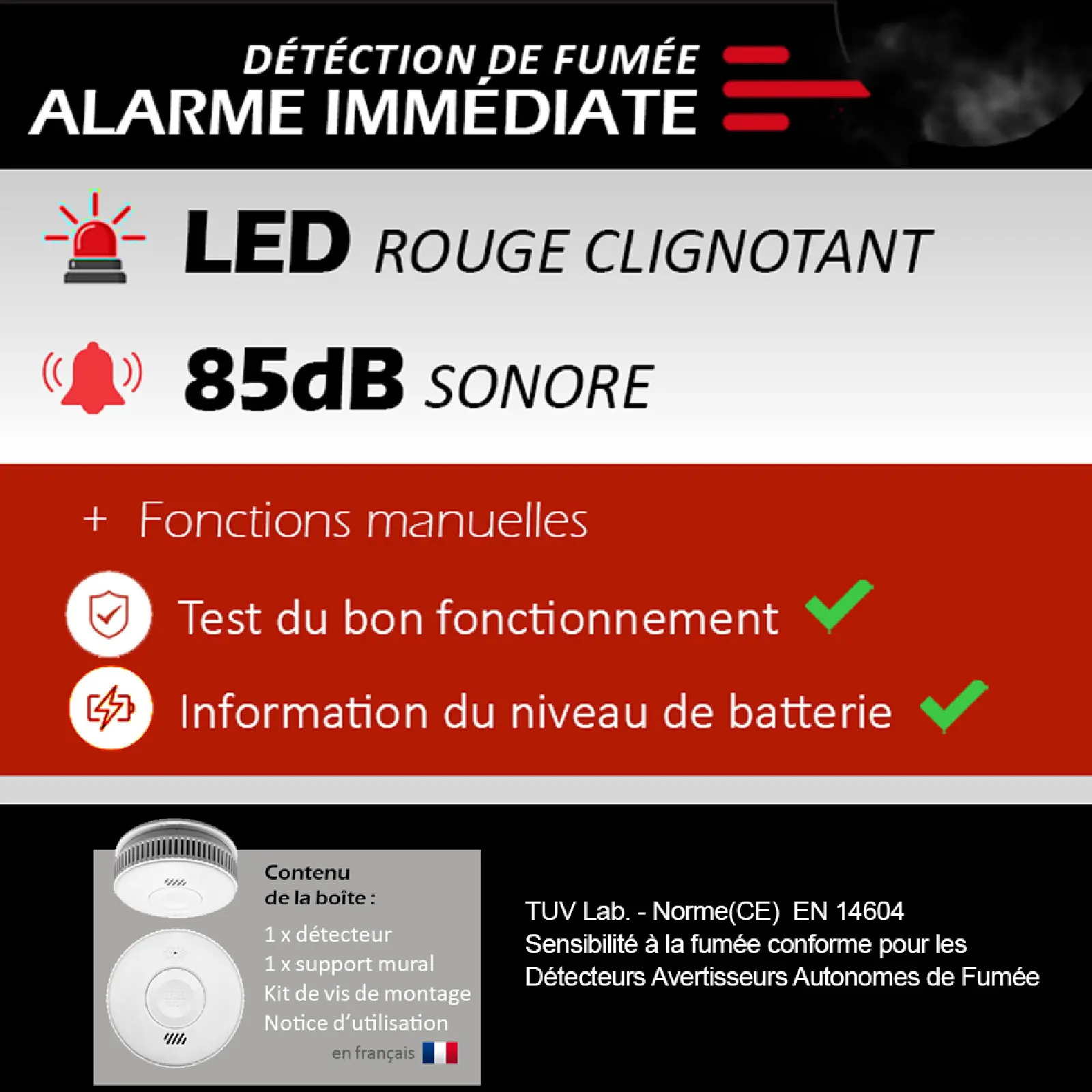 Lot de 2 x Détecteur de fumée CE EN14604 - Pile 3 ans remplaçable incluse – Image 4