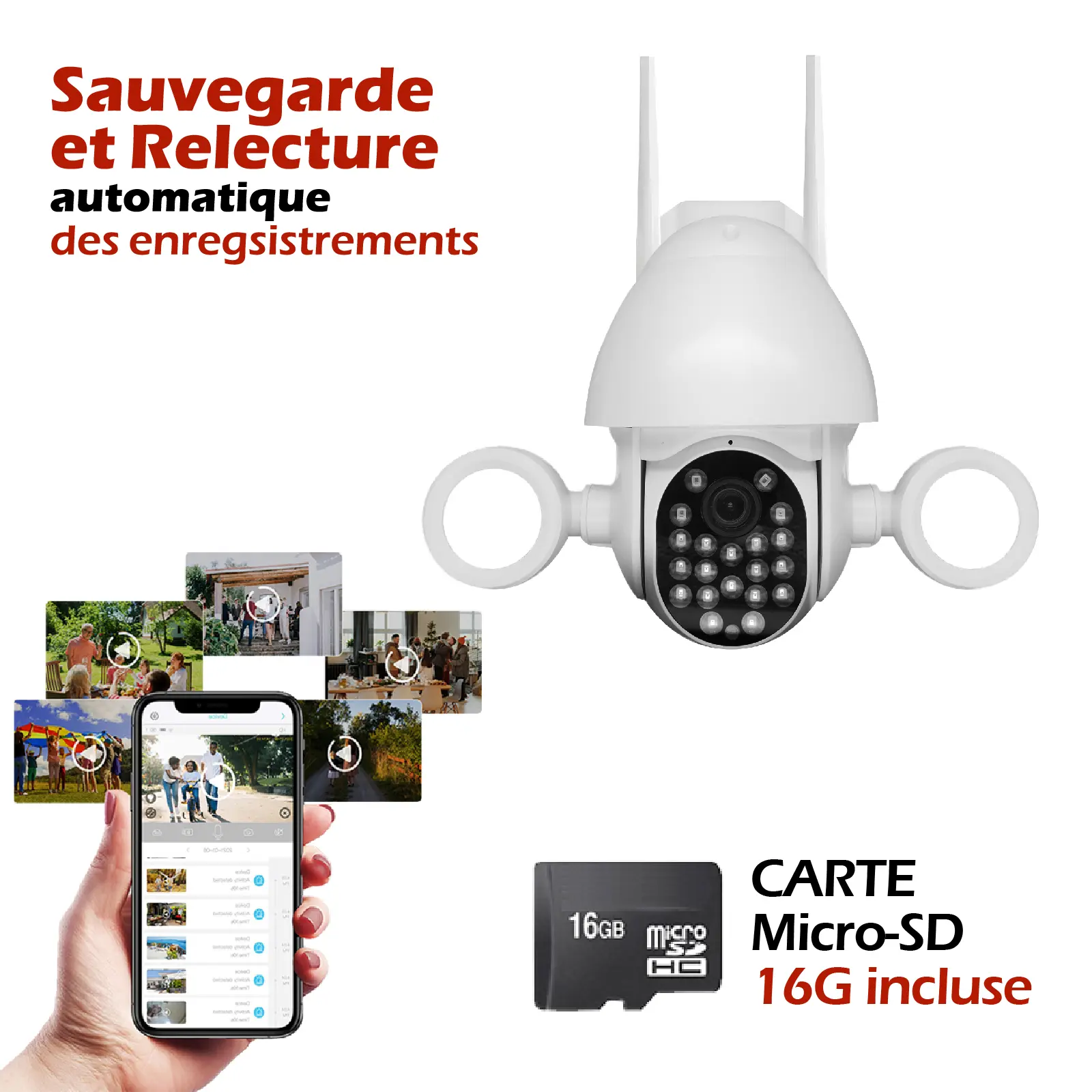Caméra extérieure connectée wifi rotative 5MP 2 phares LED et carte SD 16 Go