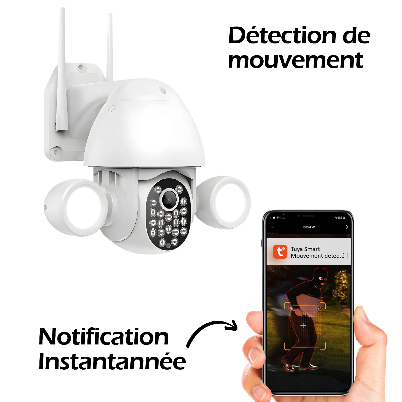 Caméra extérieure connectée wifi rotative 5MP 2 phares LED et carte SD 16 Go