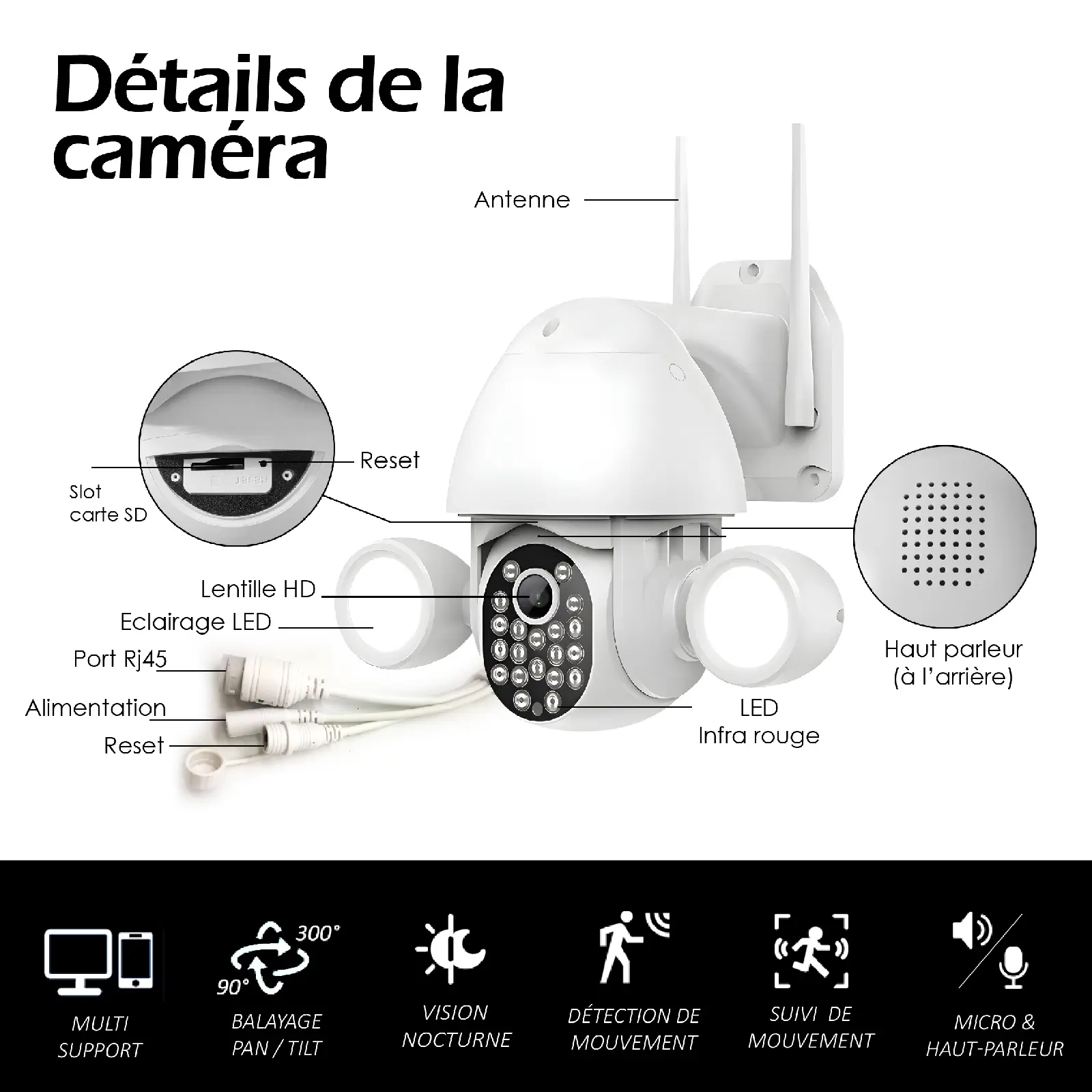 Caméra extérieure connectée wifi rotative 5MP 2 phares LED et carte SD 16 Go
