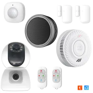 Pack Essentiel Sécurité intérieure Connectée Vidéosurveillance, Incendie & Intrusion  Kit Alarme connectée Évolutif + Détecteur de Fumée Connecté + Caméra double intérieure 16Go SD inclus