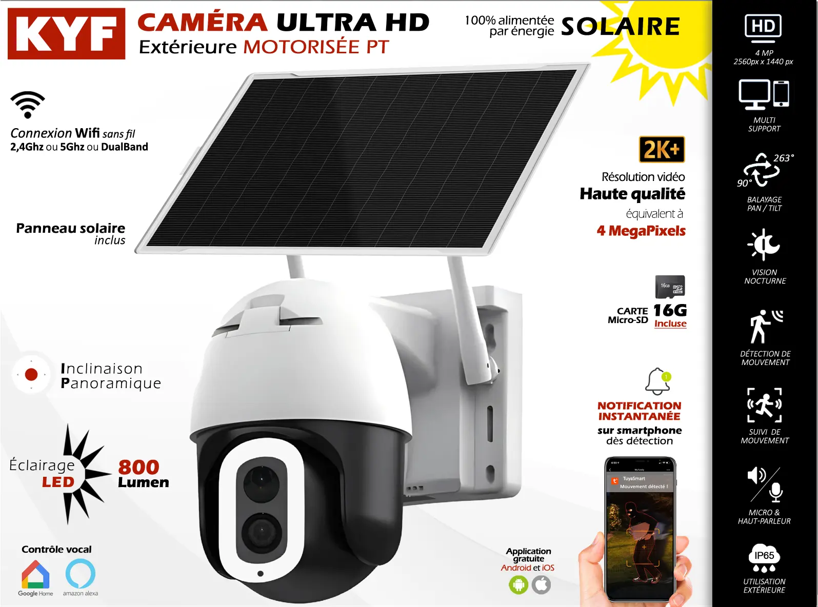Caméra IP Motorisée Extérieure Ultra HD 2K+ 4MP – 100% Solaire – WiFi DualBand – LED 800lm – Image 7