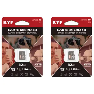 Lot de 2 x Carte Micro SD 32GO Classe 10, U3 - Rapide, Résistante, Universelle