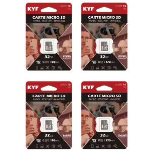 Lot de 4 x Carte Micro SD 32GO Classe 10, U3 - Rapide, Résistante, Universelle