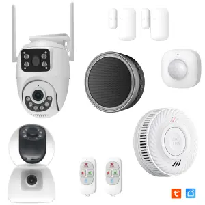 Pack Ultra Sécurité Connectée Vidéosurveillance, Incendie & Intrusion  Kit Alarme connectée Évolutif + Détecteur de Fumée Connecté + Caméra double intérieure 16Go SD inclus + Caméra double extérieure 16Go SD inclus