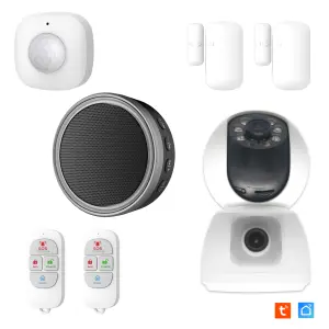 Pack Sécurité intérieure  connectée Vidéosurveillance & Intrusion Kit Alarme connectée Évolutif + Caméra IP Intérieure Rotative Double Objectif 16Go SD inclus