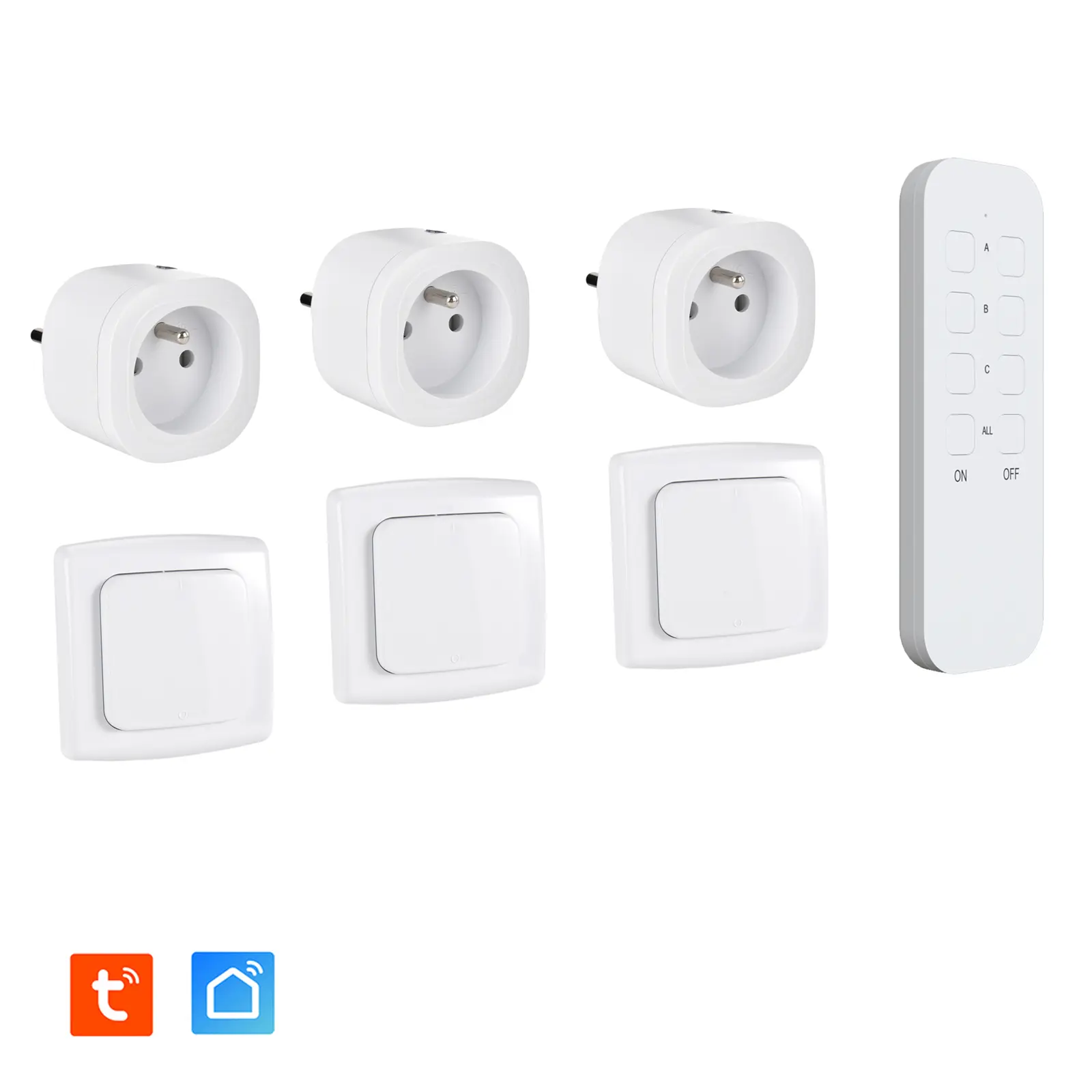 Lot de 3 Prises intérieures 3680W connectées (Wifi + Radio fréquence) + 3 Interrupteurs ON/OFF + Télécommande Sans Fil compatibles - Contrôle à distance & local