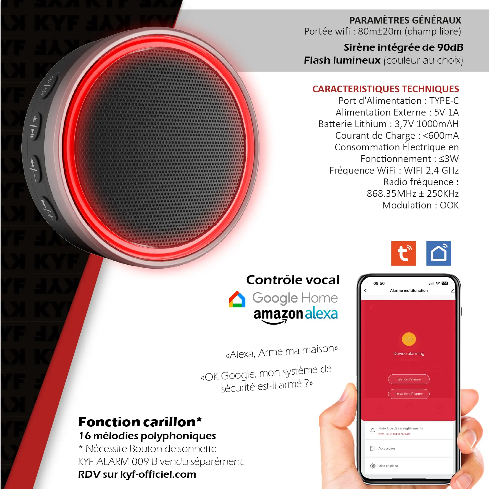 Kit Alarme - Etendu - Évolutif 868 Mhz connecté Wifi 2,4Ghz avec Sirène 90dB Flash LED intégré (6 détecteurs d'ouverture, 3 détecteurs de mouvement, 4 télécommandes) – Image 8