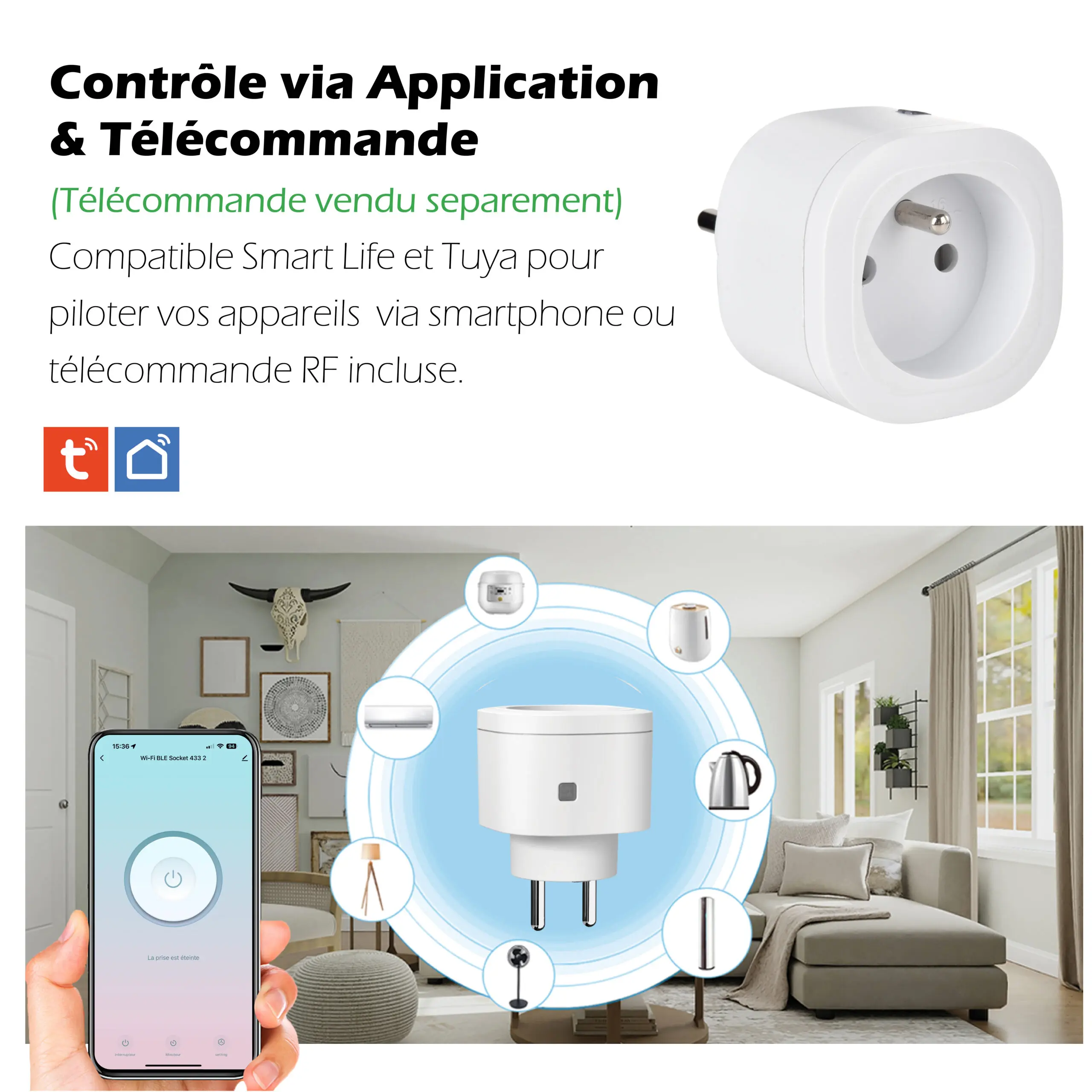Lot de 3 Prises intérieures 3680W connectées (Wifi + Radio fréquence) + 3 Interrupteurs ON/OFF + Télécommande Sans Fil compatibles - Contrôle à distance & local – Image 6
