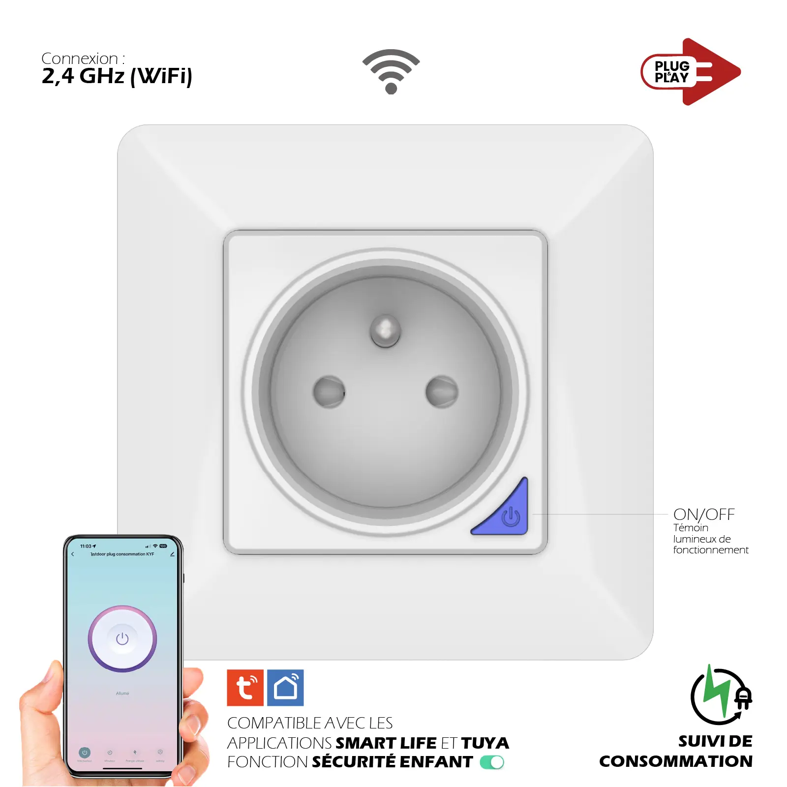 Prise intérieure encastrée 3000W connectée Wifi + Suivi de consommation + Compatible assistants vocaux – Image 2