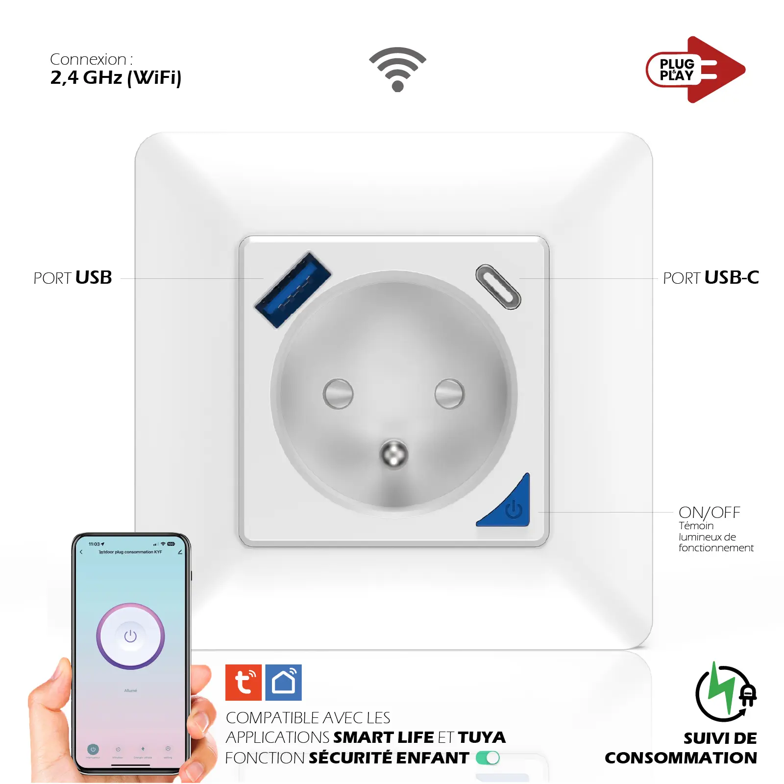 Lot de 2 Prises intérieures encastrées 3000W & Ports USB-A + USB-C (20 W) connectées Wifi + Suivi de consommation + Compatible assistants vocaux – Image 3