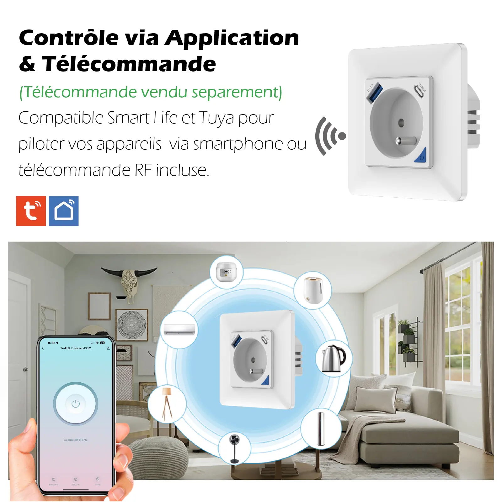 Lot de 2 Prises intérieures encastrées 3000W & Ports USB-A + USB-C (20 W) connectées Wifi + Suivi de consommation + Compatible assistants vocaux – Image 4