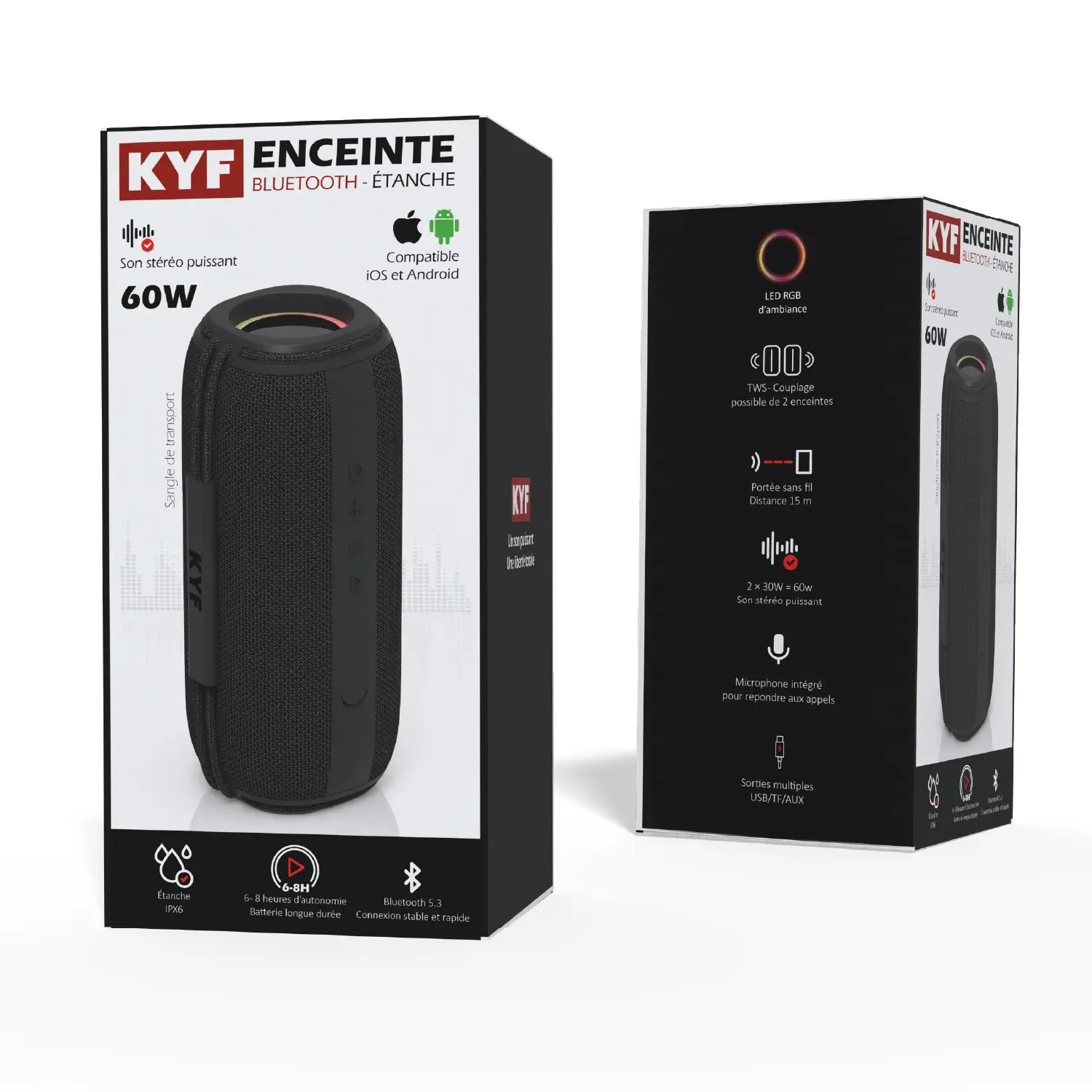 Enceinte Bluetooth 60W, RVB, IPX6 - Rechargeable USB - Sanglée – Image 7
