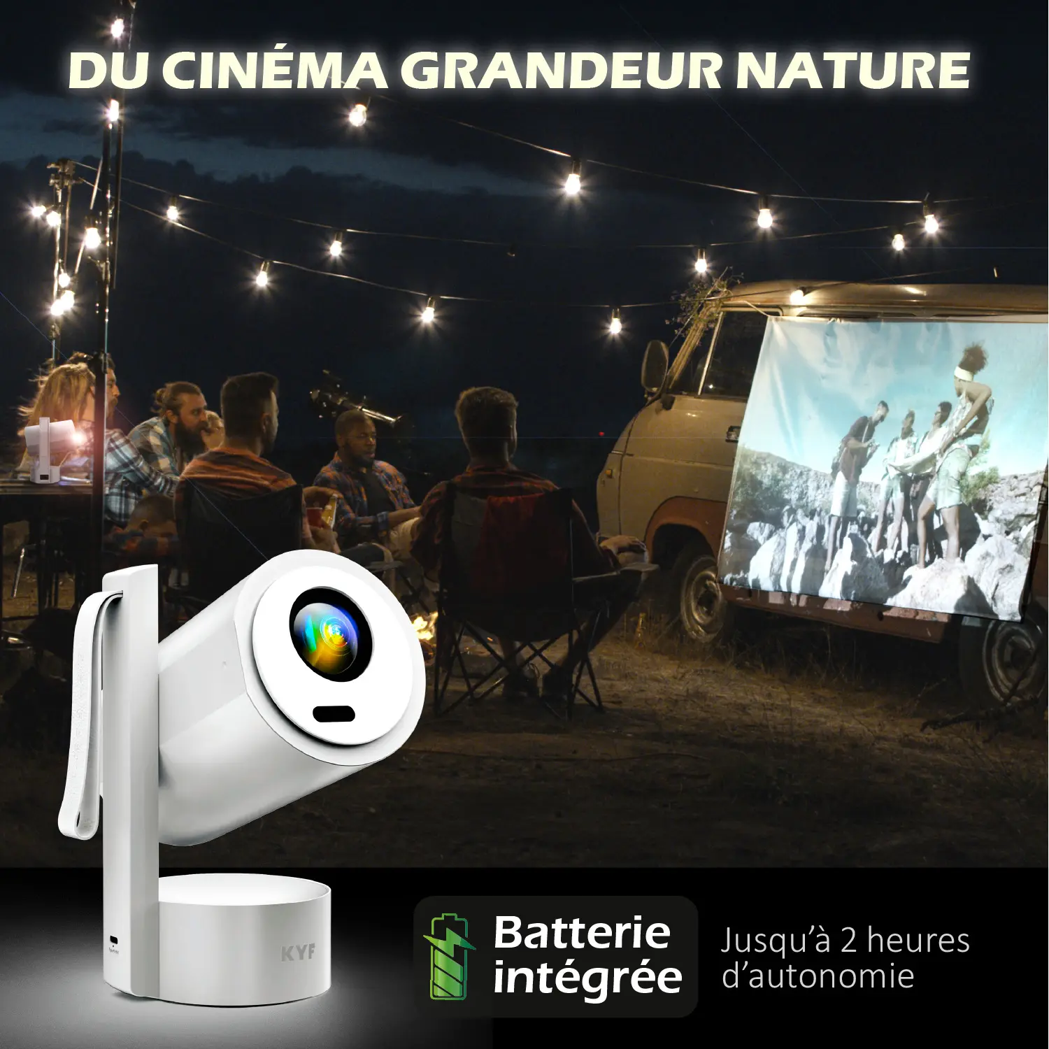 Kit Cinéma Portable KYF – Écran gonflable 100” + Vidéoprojecteur Android 13 rechargeable + 2 enceintes Bluetooth 60W – Image 5