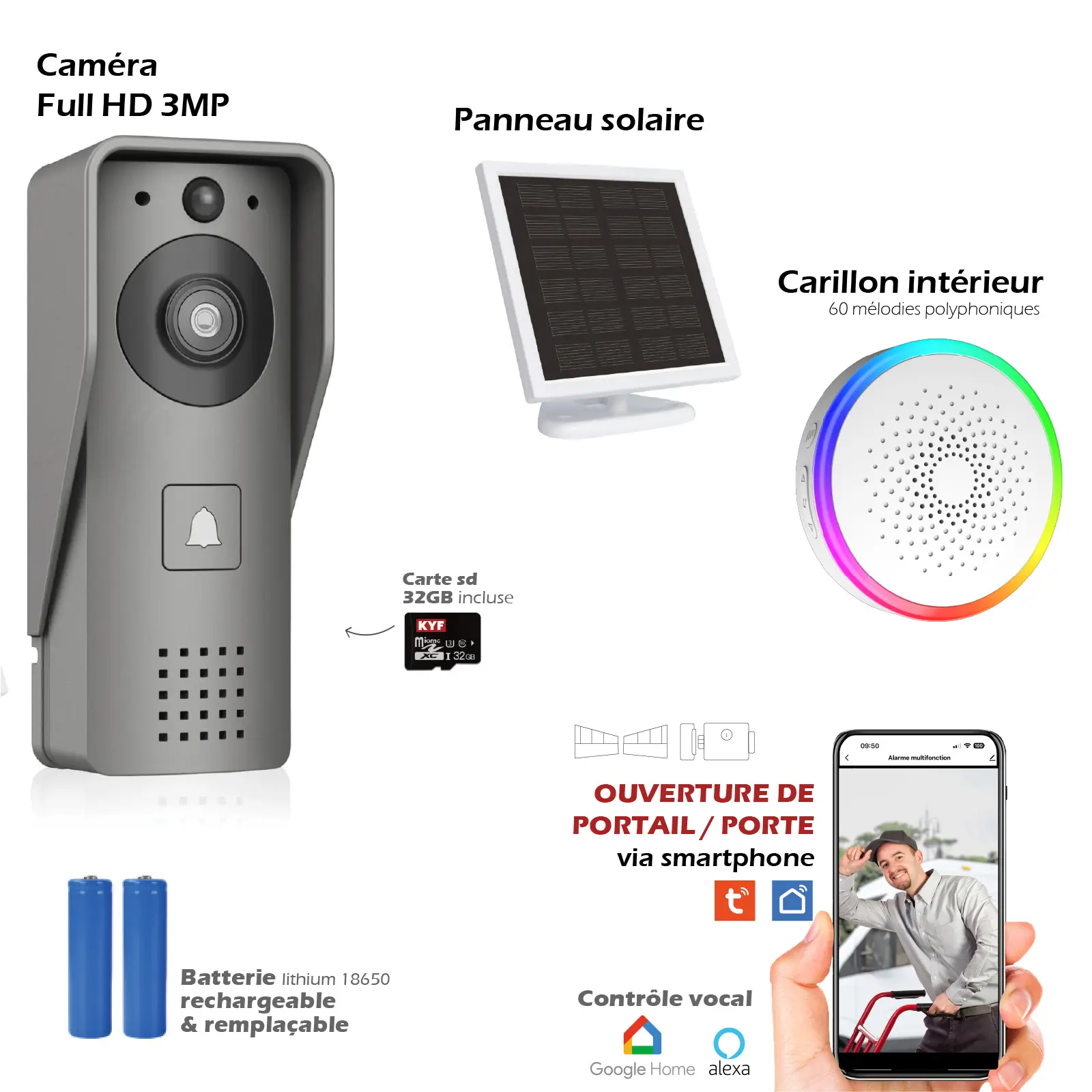 Portier Vidéo Solaire connecté Wifi avec Carillon intérieur 60 mélodies - Contrôle vocal – Image 2