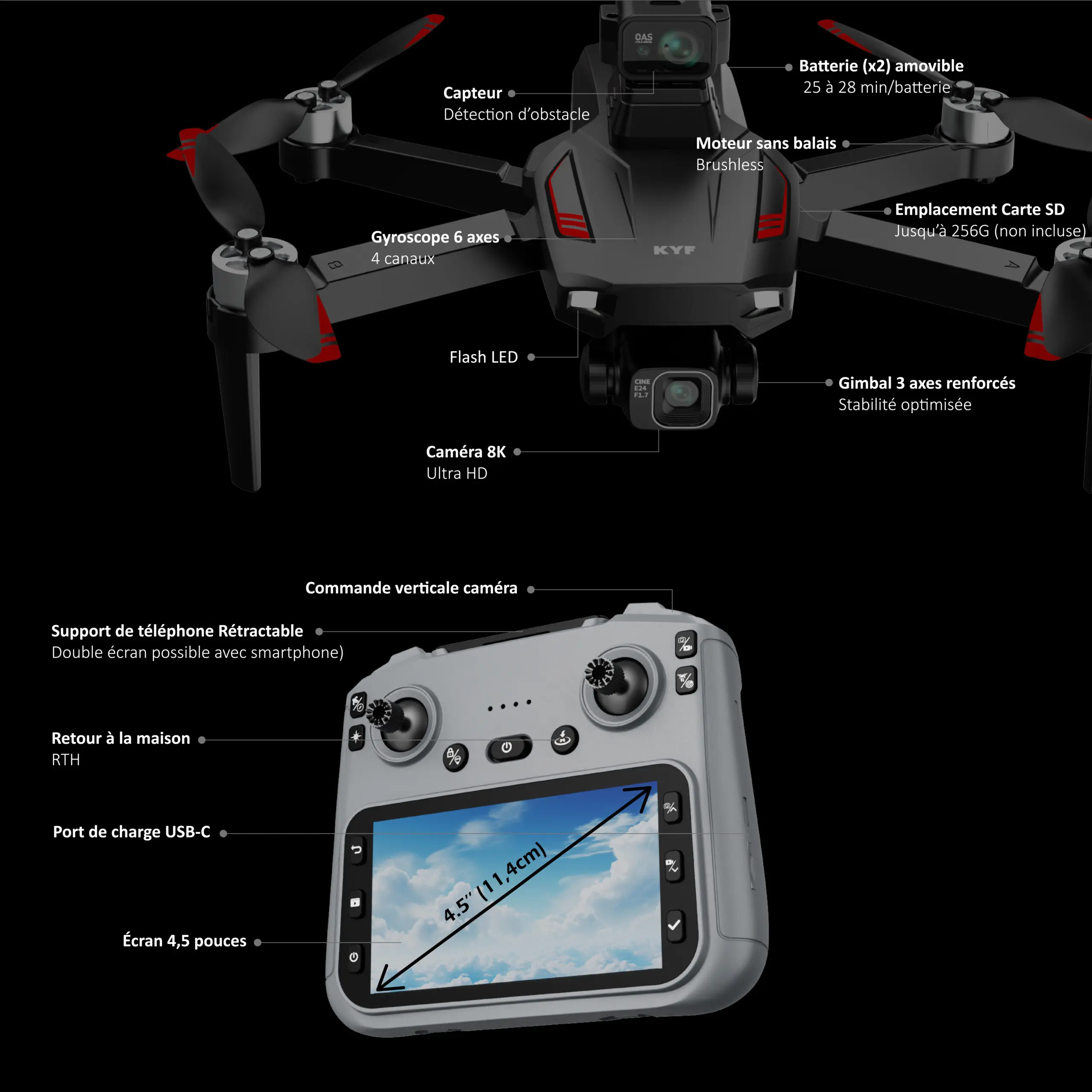 Drone Caméra Gimbal 3 axes Capteur 360° 8K HD Avec Télécommande écran 4,5’’ (11,4 cm) – Image 4