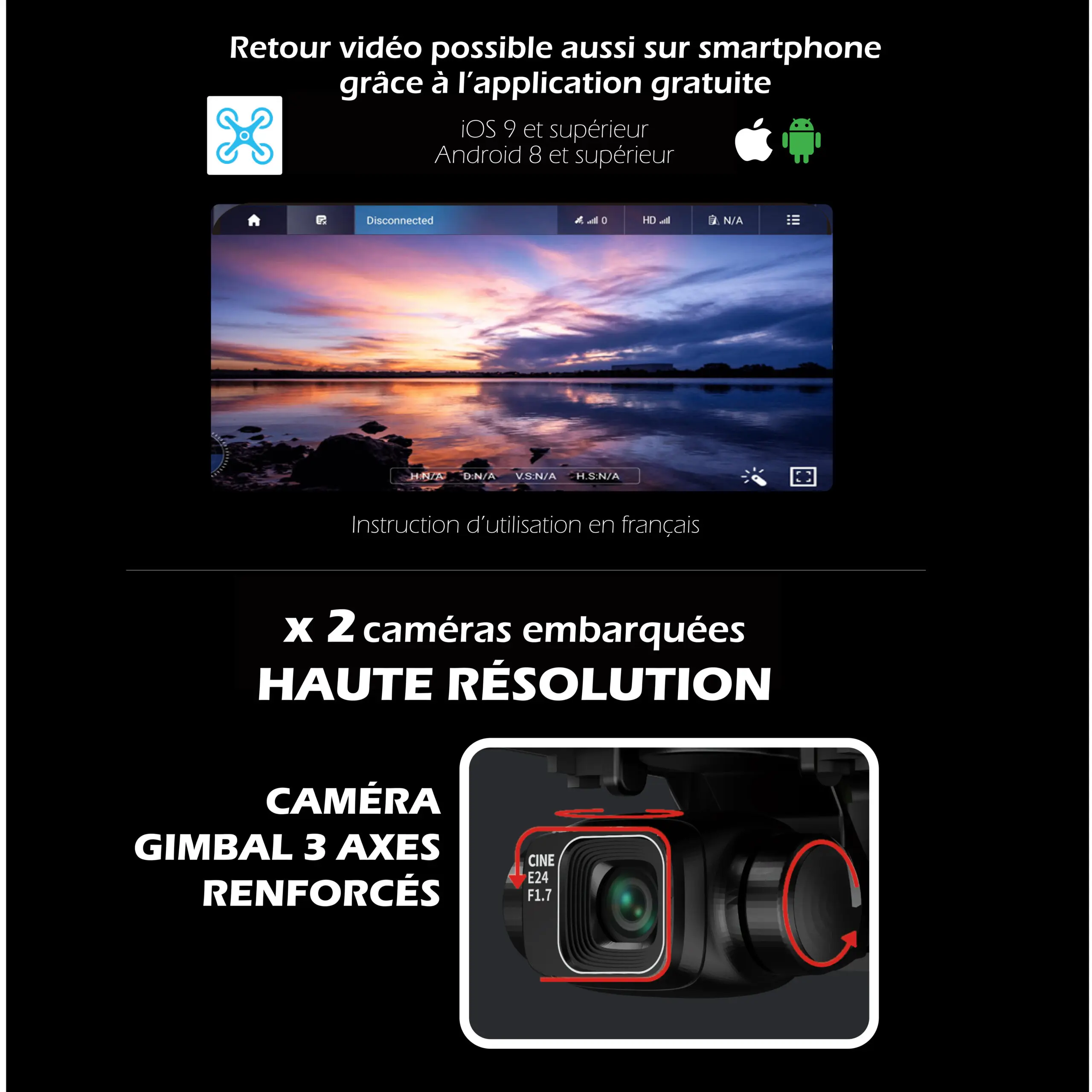 Drone Caméra Gimbal 3 axes Capteur 360° 8K HD Avec Télécommande écran 4,5’’ (11,4 cm) – Image 5