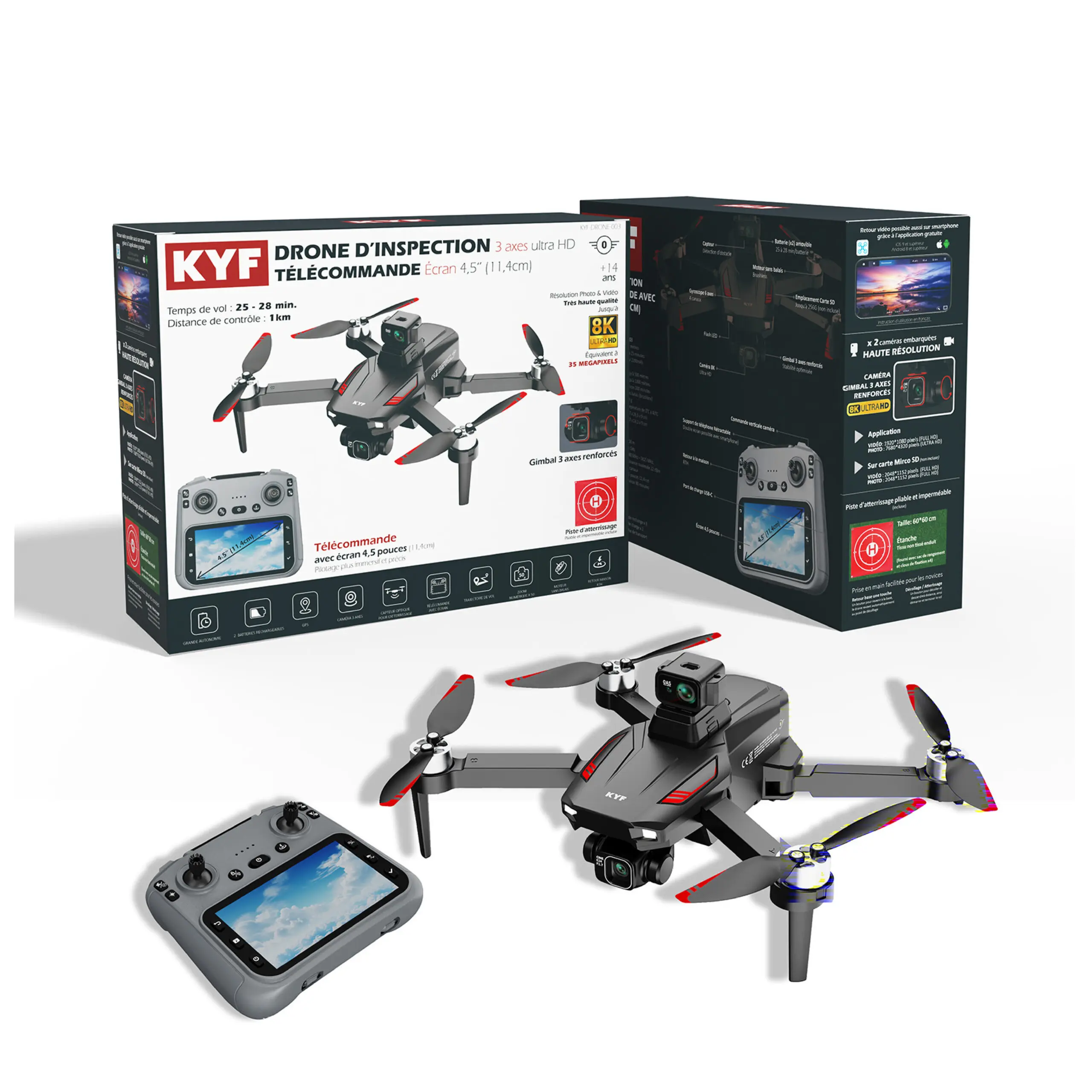 Drone Caméra Gimbal 3 axes Capteur 360° 8K HD Avec Télécommande écran 4,5’’ (11,4 cm) – Image 7