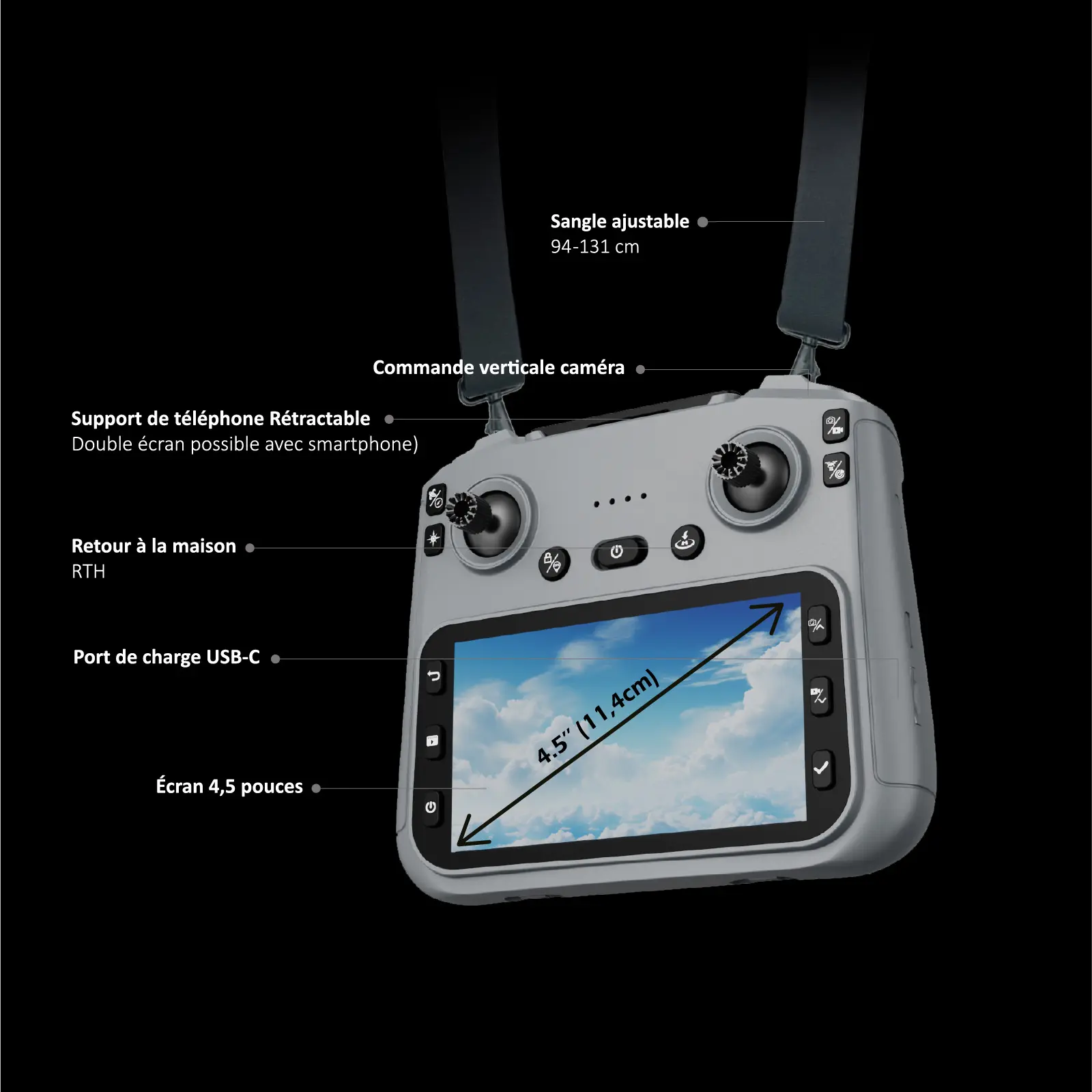 Drone Caméra Gimbal 3 axes Capteur 360° 8K HD Avec Télécommande écran 4,5’’ (11,4 cm) - Sangle Tour de Cou Incluse – Image 7