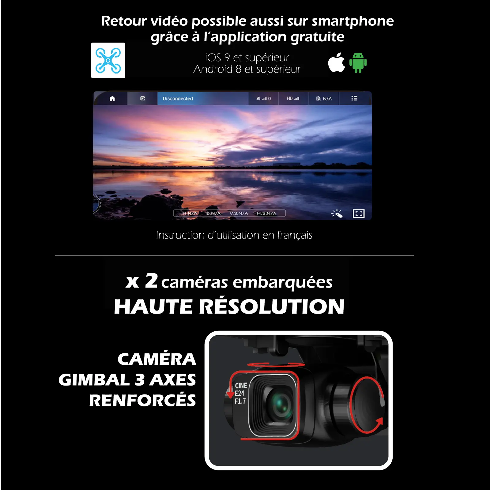 Drone Caméra Gimbal 3 axes Capteur 360° 8K HD Avec Télécommande écran 4,5’’ (11,4 cm) - Sangle Tour de Cou Incluse – Image 5