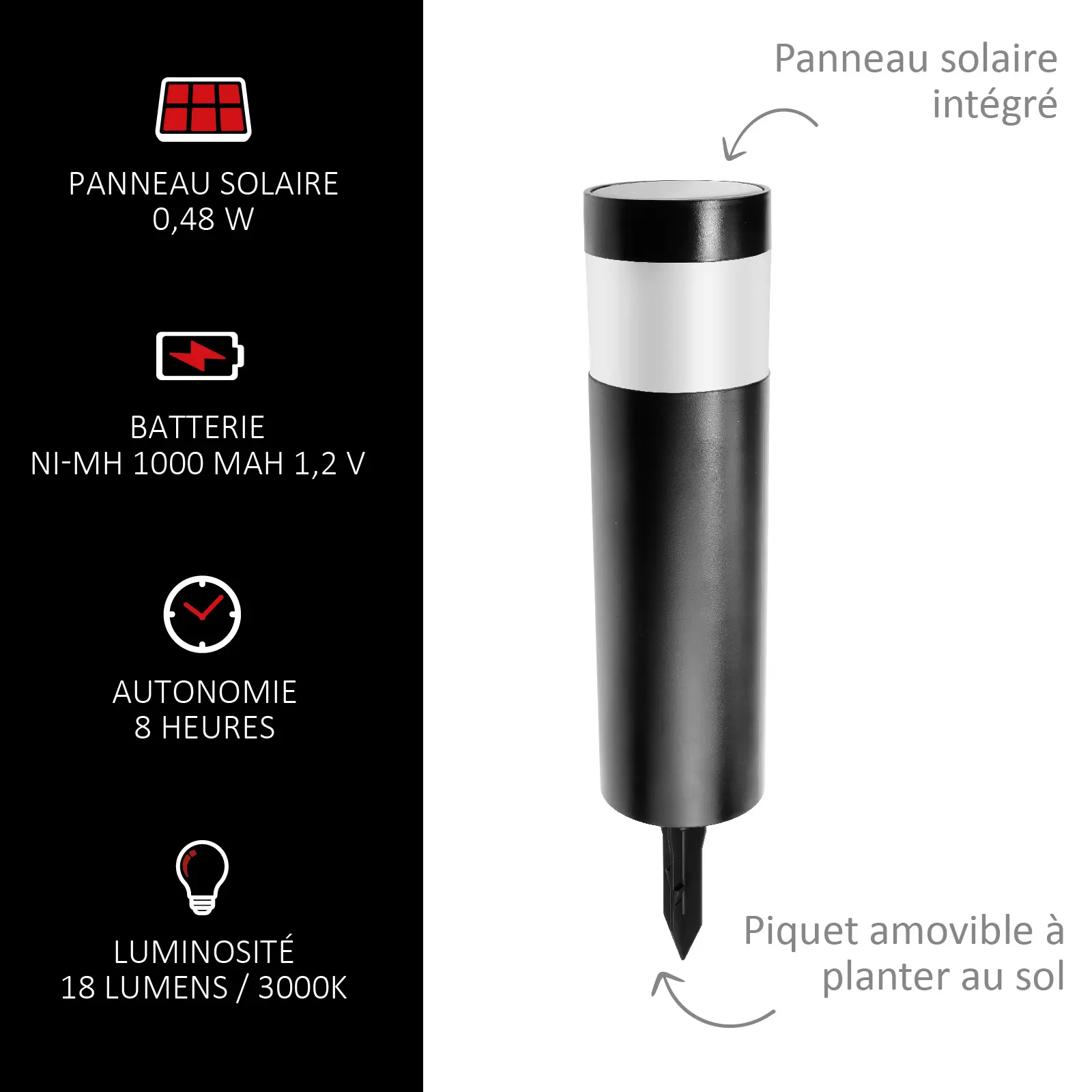 Borne Solaire LED - 18 Lumens - Blanc Chaud 3000K - Panneau 0,48W - Autonomie 8 h - IP44 - À Planter – Image 6