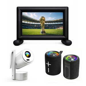 Kit Cinéma Nomade – Vidéoprojecteur rechargeable Android 13 + Écran gonflable 100'' + Enceinte Bluetooth 40W divisible
