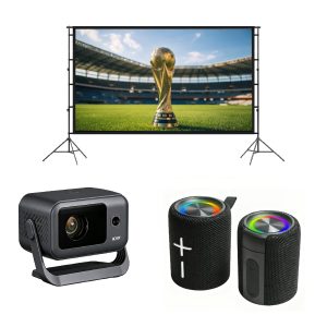 Kit Cinéma– Vidéoprojecteur Android 14 + Écran 100” ALR + Enceinte Bluetooth 40W divisible