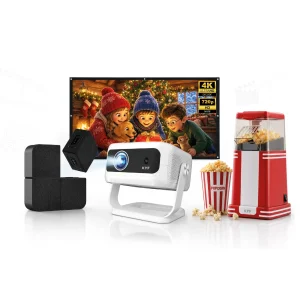 KYF Cinéma Kit — Vidéoprojecteur 4K + Écran pliable 100" + Enceinte Bluetooth 20W + Machine à popcorn sans huile — Kit cinéma maison complet